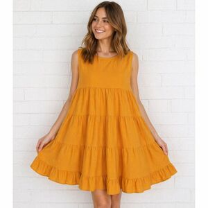 New Gigio M 8 10 Goldenrod Swiss Dot Tiered Round Neck Sleeveless Swing Dress